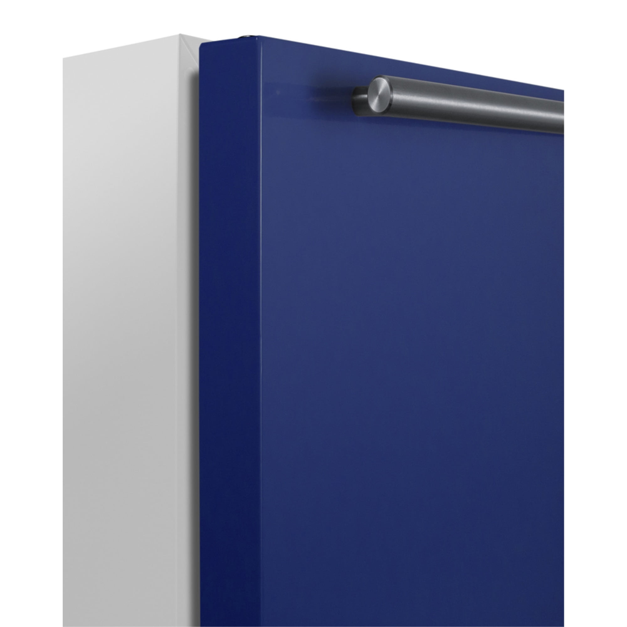 Undercounter 24 Inches all-refrigerator for residential use with cobalt blue door, stainless steel handle, and white cabinet
