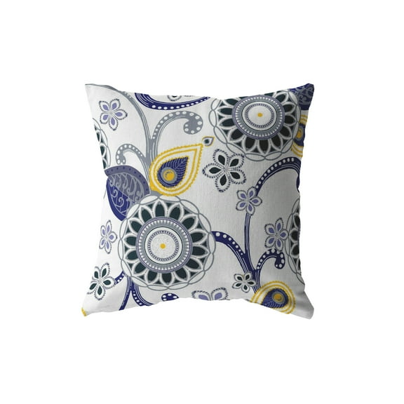 Flower Circles Indoor/Outdoor Fabric Pillow with Zip -Blue Black Yellow Gray 16"