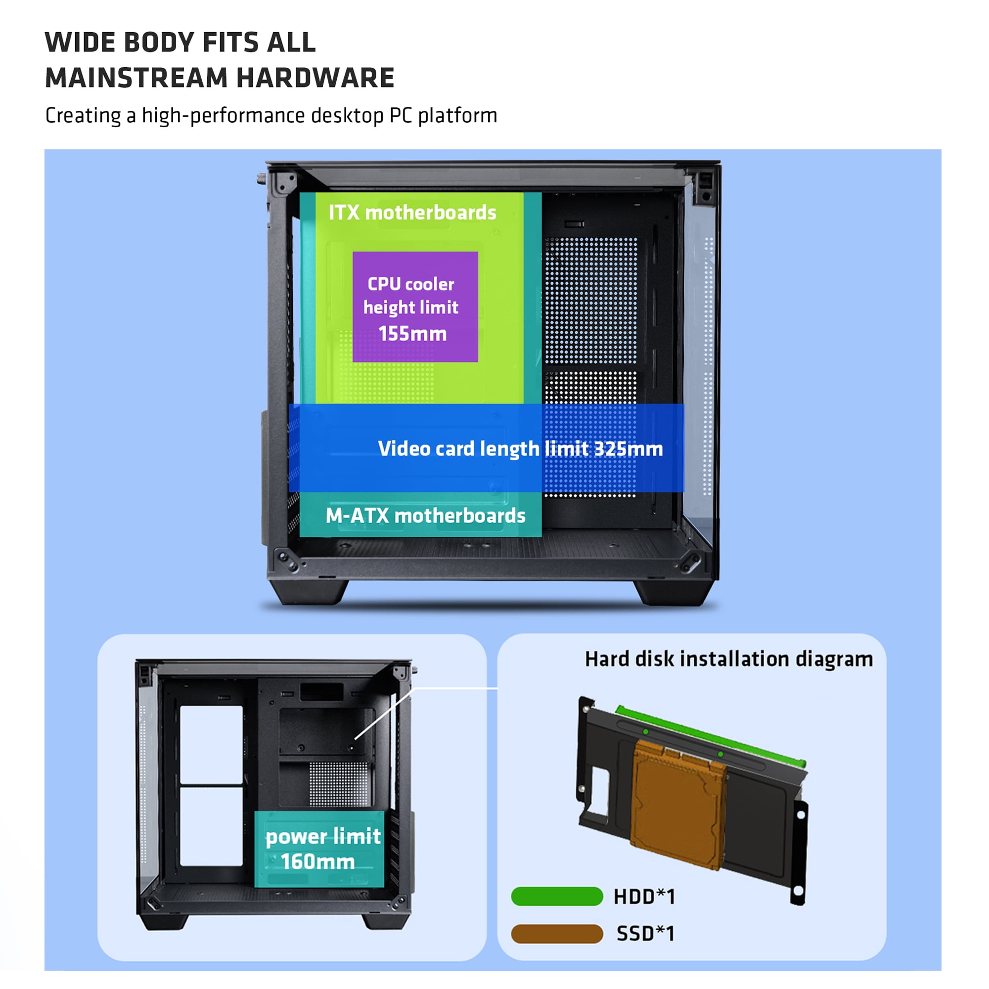 YEAH MAGIC CUBE Gaming ITX Computer Case Tempered Glass Three-sided Transparent Support Mid-Tower With 3 RGB Fans 3D Panoramic View MATX Gaming Desktop Chassis Black