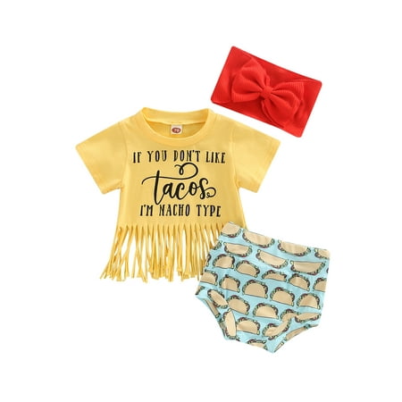 

Fullvigor Baby Girls Letter Print Tassel Hem Crops Tops Shorts Bottoms Bow Knot Headband