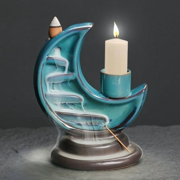 1pc 3 in1 Ceramic Moon Waterfall Incense Burner with Backflow Feature Candle Holder & Incense Stick Burner (Without Incense）