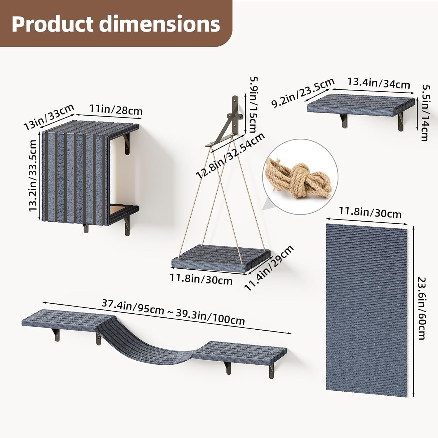 5-in-1 Cat Wall Shelves Set, Premium Solid Wood for Stable & Safe, Space Saving Wall Mounted Cat Perch & Steps for Indoor Cats, Modern Wood Cat Walkway, with Interactive Cat Swing