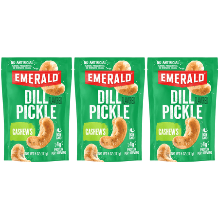 Emerald Nuts Dill Pickle Seasoned Cashews 5 oz Resealable Bag (Pack of 3)