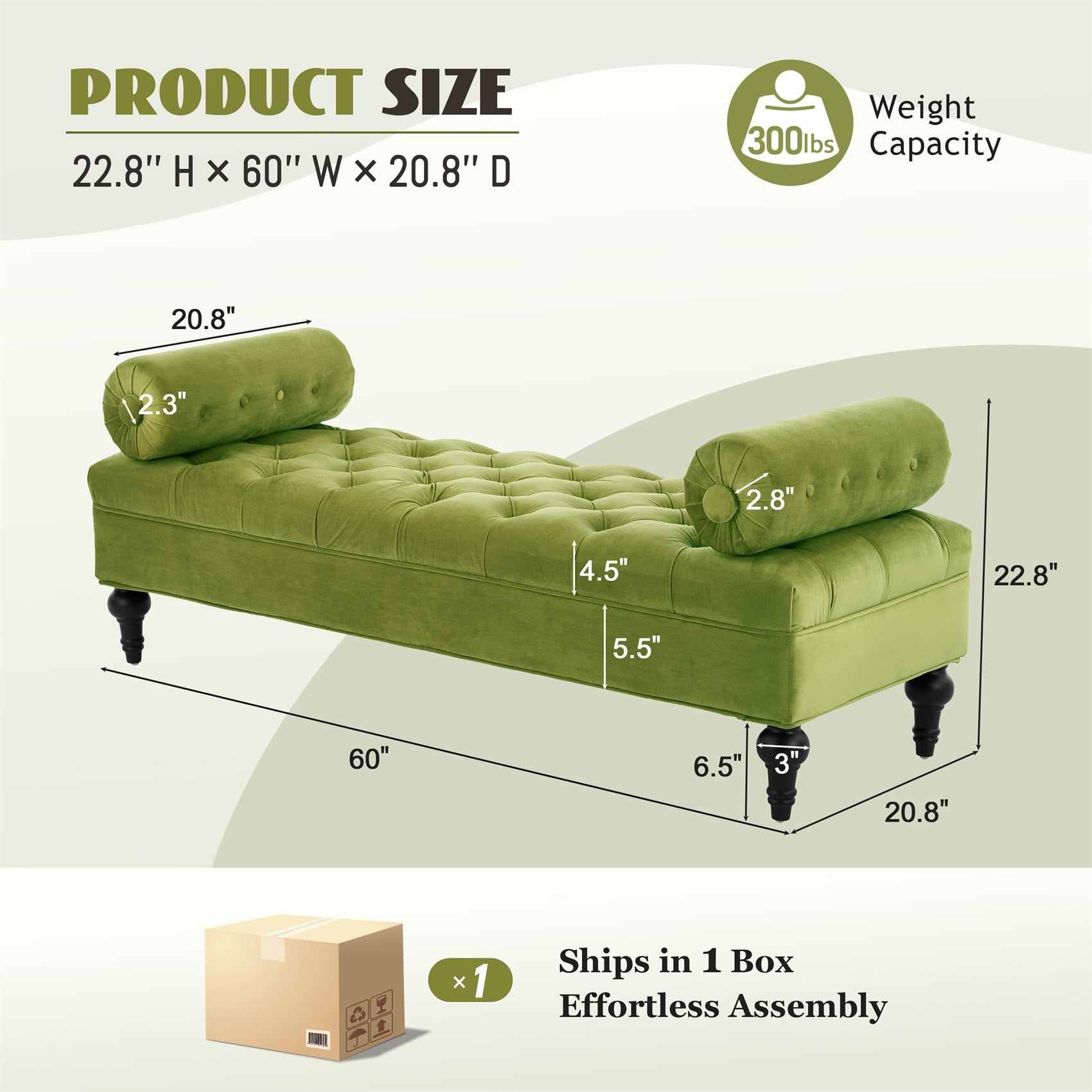 Alvantor Velvet Upholstered Bench with Detachable Pillows for Bedroom, Living Room, Entryway - Green