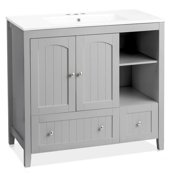 Modern Gray MDF Double Door Double Drawer Bathroom Vanity Cabinet with Decorative Strips, Without a Basin, 36"W x 18"D x 32"H for Bathroom Storage