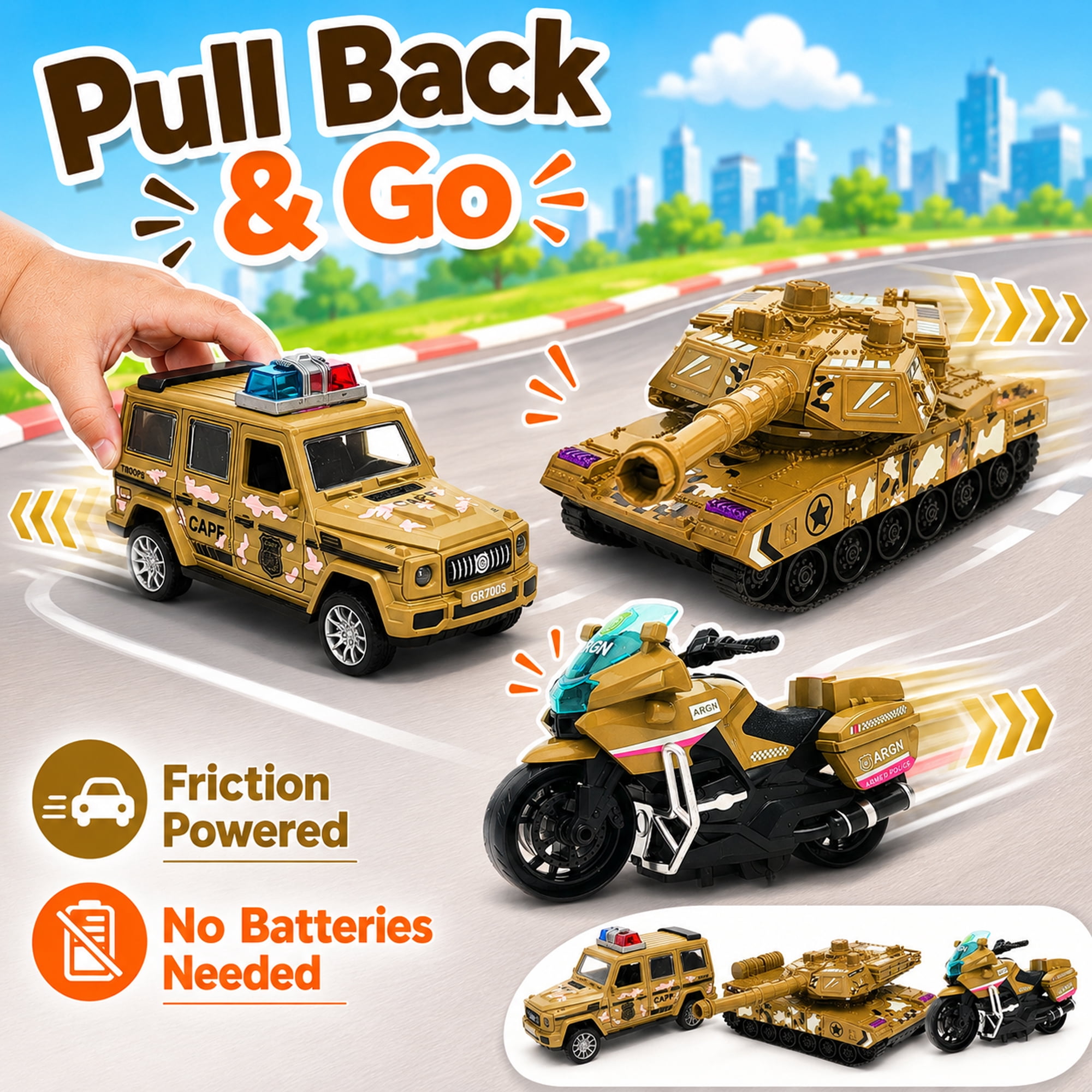 Friction Powered Vehicle Toys 3 Pack, Camouflage Tank Jeep Motorcycle Toy Set for Kids Ages 3+, No Battery Toy Cars, Birthday Gift