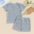 thumbnail image 3 of Okbabeha Toddler Baby Boy Summer Clothes Solid Short Sleeve Ribbed Button T-shirt Top Shorts 2Pcs Casual Outfit, 3 of 7