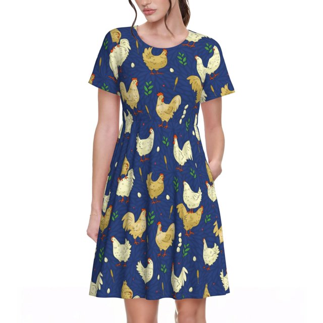 Disketp Funny Chicken para Vestido de Manga Corta para Mujeres, Vestidos de Verano para Mujeres, Casual y Holgado para la Playa