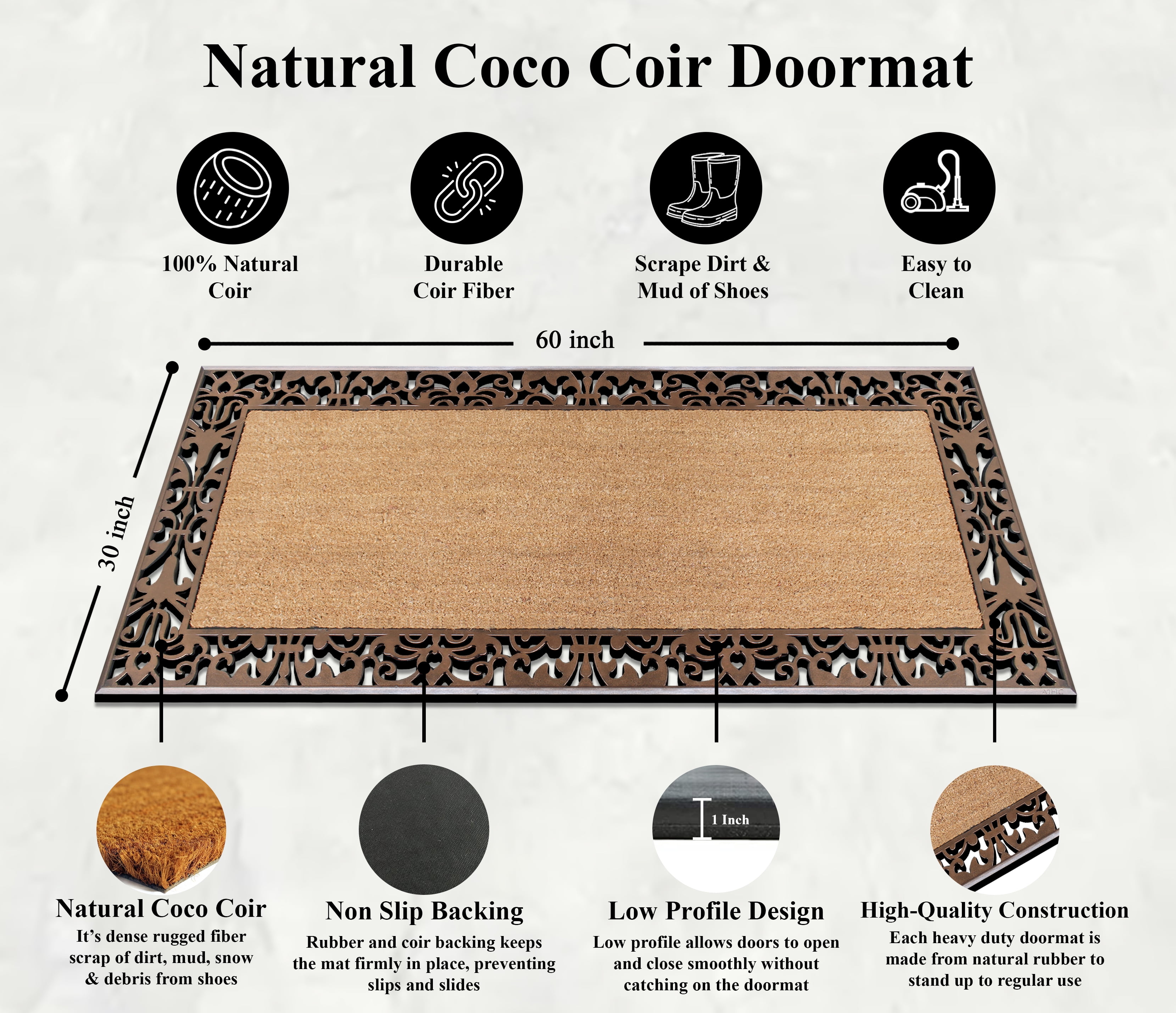 A1HC First Impression Rubber and Coir Door Mat, 30" X 60", Bronze/Beige, Heavy Duty, Extra Large Size Doormat Outdoor Entrance