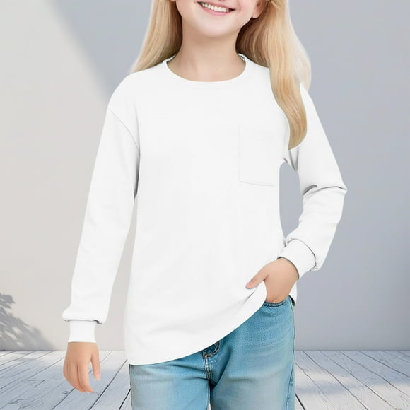 Blusas y camisas de manga larga con cuello redondo para niñas de 5 a 14 años, color liso, con cuello redondo y manga larga
