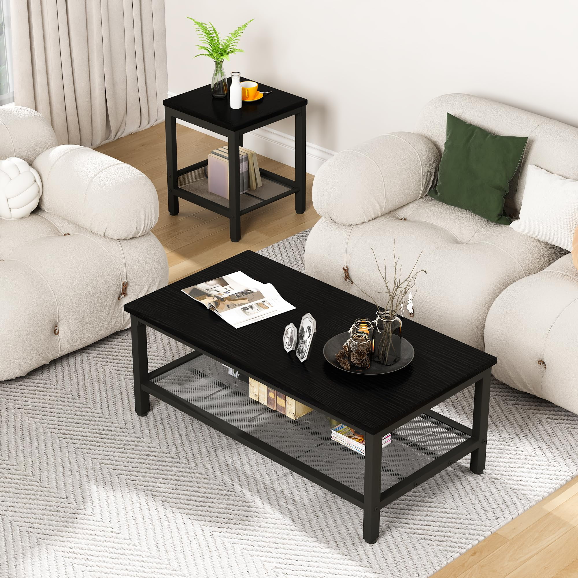 Cvortll Coffee Table Sets 3-Pieces, Modern Wood Coffee Table with 2 Square End Side Tables, Large Sturdy Living Room Table Set for Apartment Home Office, Black