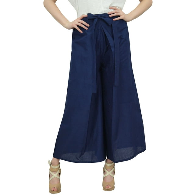 Phagun Pantalon Harem Pêcheur Bleu Uni Dames Ceinture Auto-Nouée Tenue Décontractée-TTTG