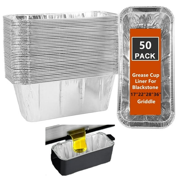 50 Pack Grease Cup Liners for Blackstone Griddle , Disposable Grill Grease Tray, Aluminum Foil Drip Pan Grease Catcher Cup Liner for 17, 22, 28, 36 Inch
