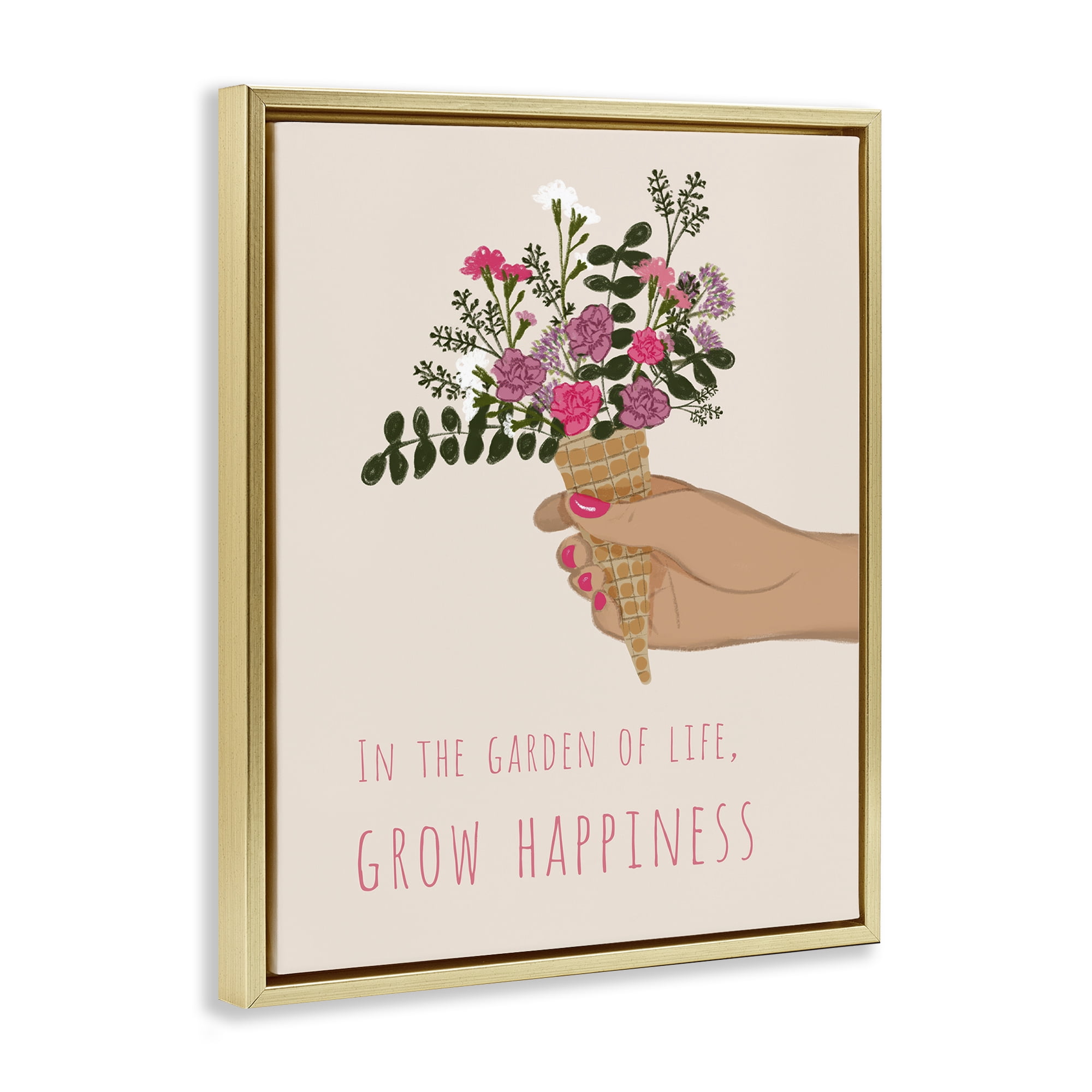 Stupell Industries Grow Happiness with Florals Plants & Flowers Painting Gold Floater Framed Canvas Art Print Wall Art, 17 x 21