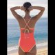 thumbnail image 5 of Traje de Baño de una Pieza para Mujer, con Control de Abdomen, Escote en V Profundo, Neón, , con Lazo en la Espalda, Verano 2025. Color Naranja M, 5 of 6