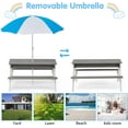 thumbnail image 5 of Kids 4-in-1 Sand & Water Table, Wood Outdoor Convertible Sensory Picnic Table with Umbrella, 2 Trays, Removable Tabletop and Built-in Bench for Outdoor Backyard Garden, Gray, 5 of 8