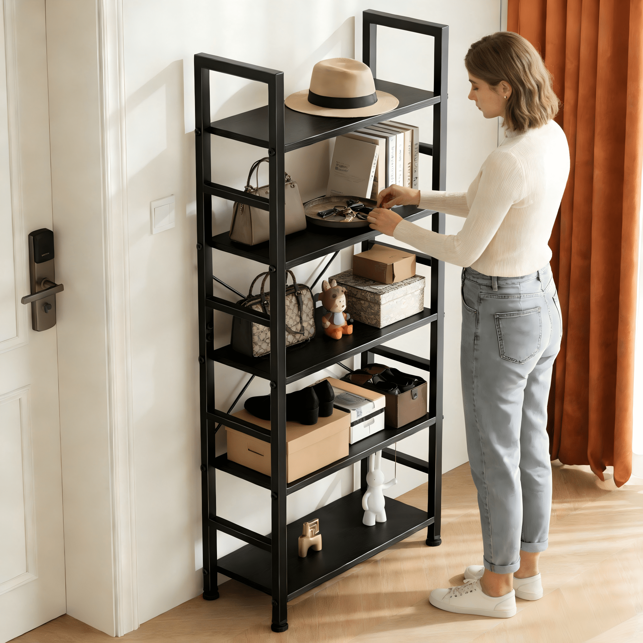 Atilioo 5 Tier Bookcase, 62" Tall Bookshelf, Wooden Storage Organizer with Adjustable Shelves for Living Room, Home Office, Kitchen, Black