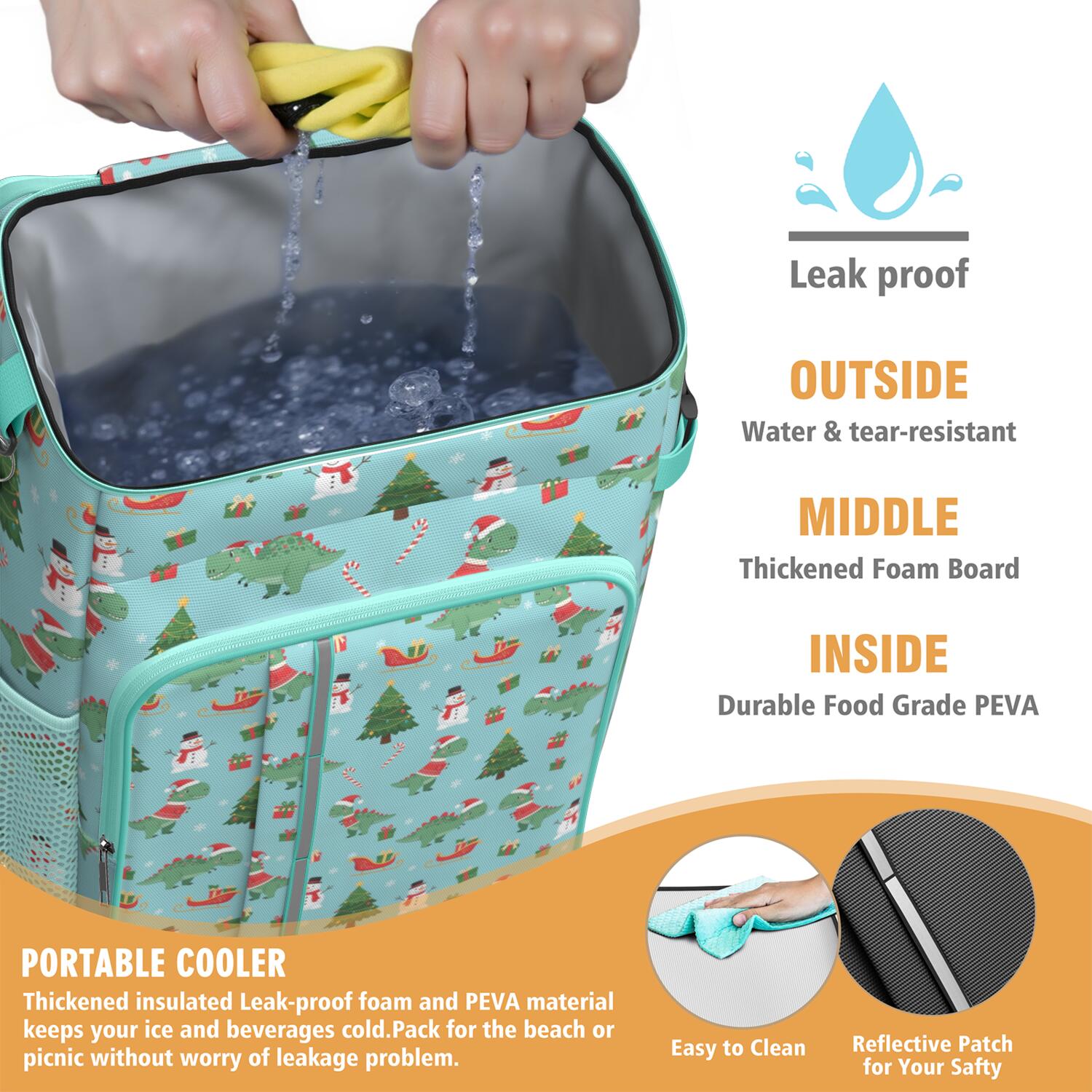 Travel Cooler Bag - Blue Christmas Dinosaurs Snowmen Pattern Camping Beer Cooler Backpack with Bottle Opener- Waterproof Insulated Picnic Backpacks - Cooler Bag for Beach