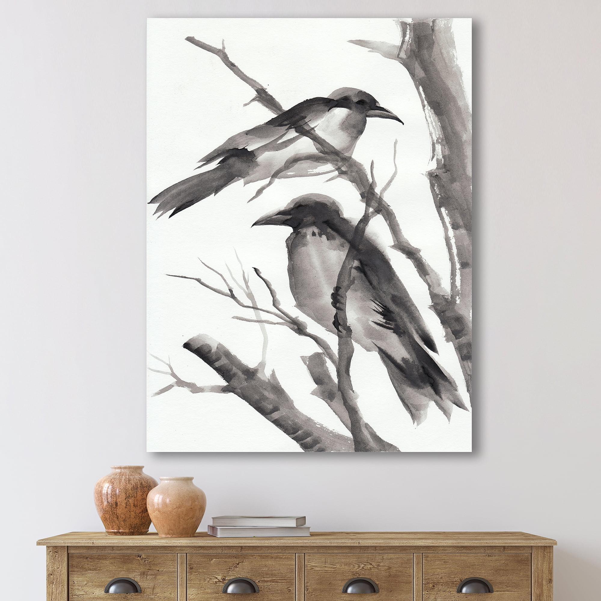 Designart ' Vintage Black and White Sleeping Crows ' Traditional Canvas Wall Art Print