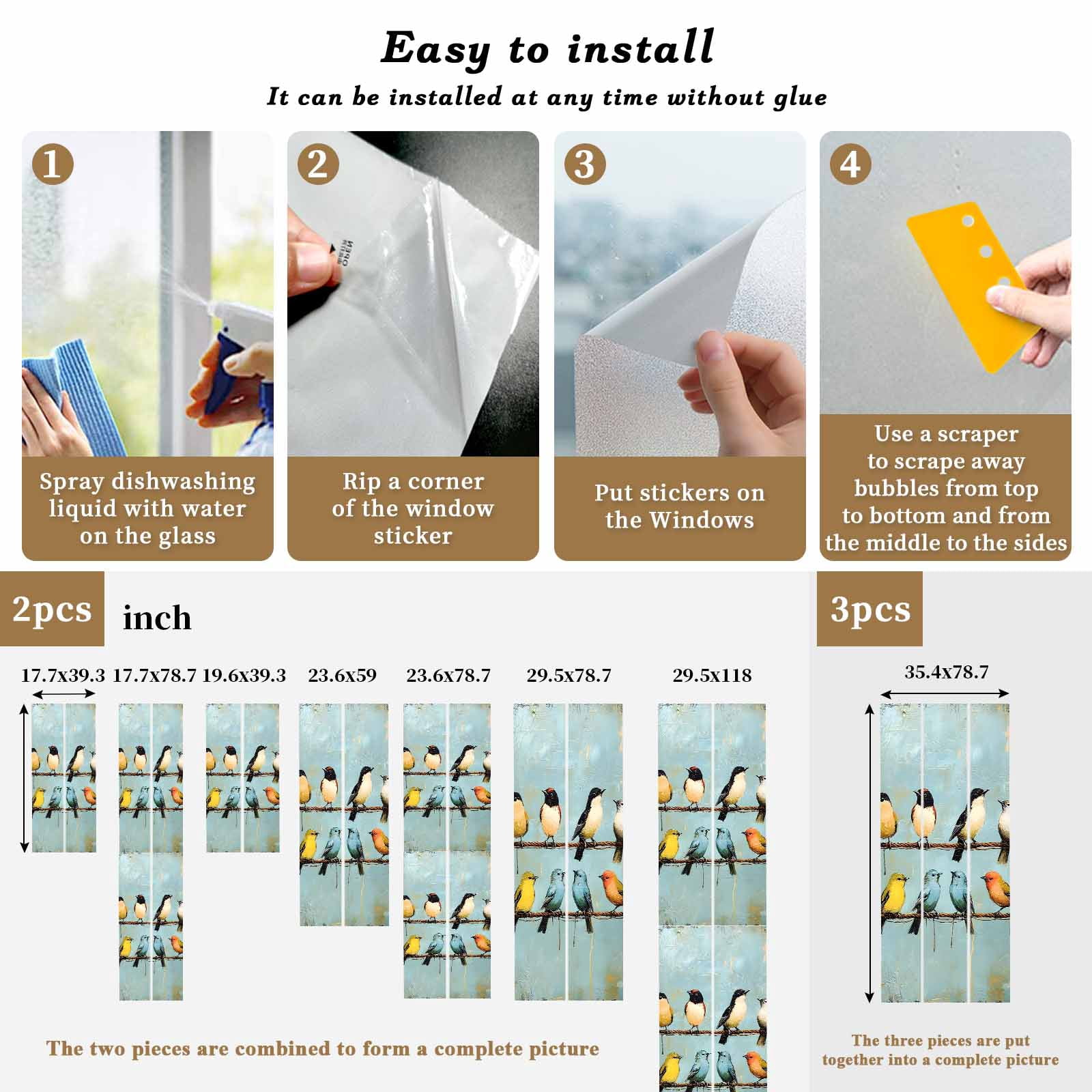 Colorful Birds Window Privacy Film, Spring Animal Modernism Painting Art Static Cling UV Sun Blocking Heat Control Window Tint Day and Night, Non-Adhesive One Way Windows Privacy Cover 23.6''x59''