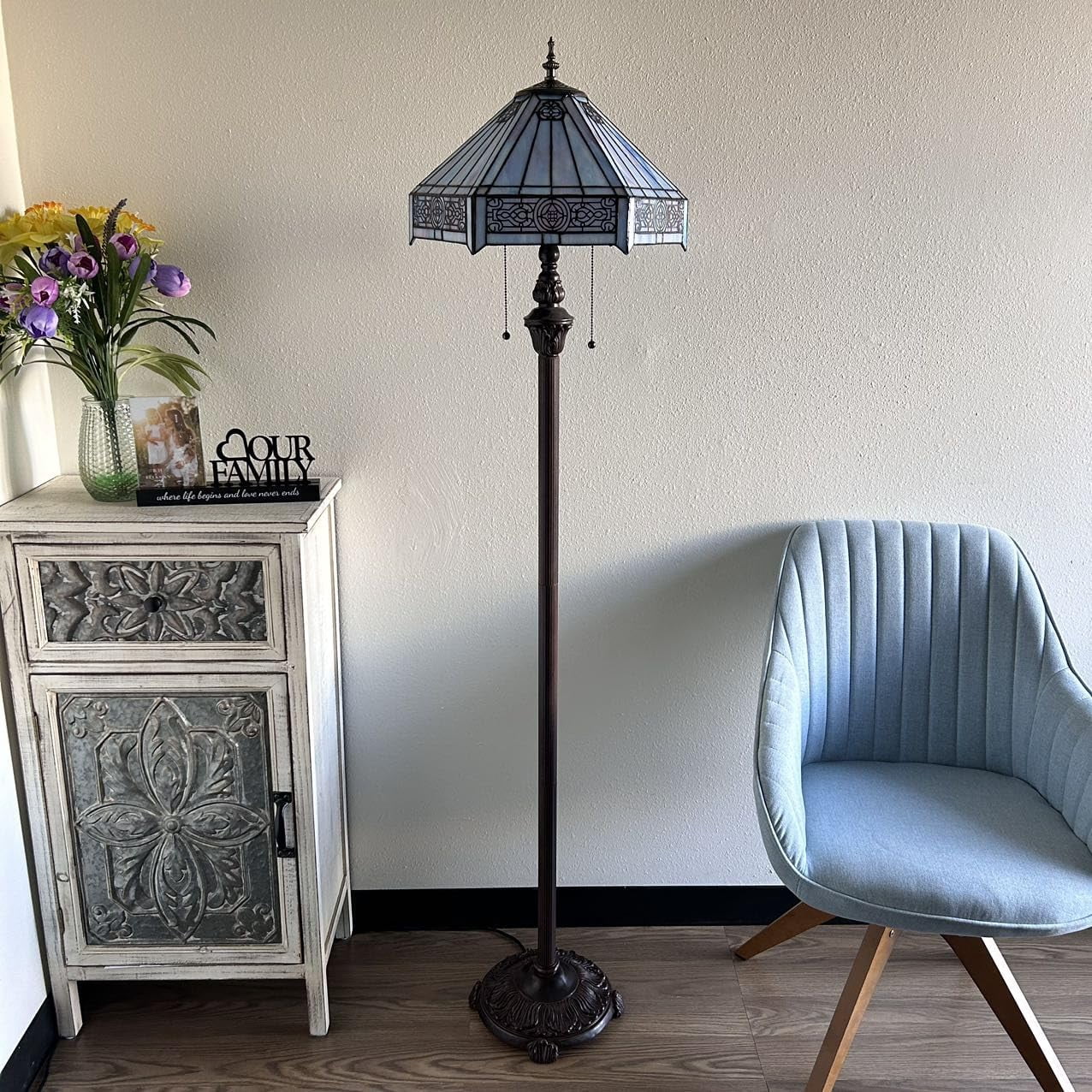 Tiffany Floor Lamp Sky Color Hexagon Stained Glass Mission LED Bulbs Included Pull Chain Switches for Living Room Bedroom 16"W*16"D*64"H