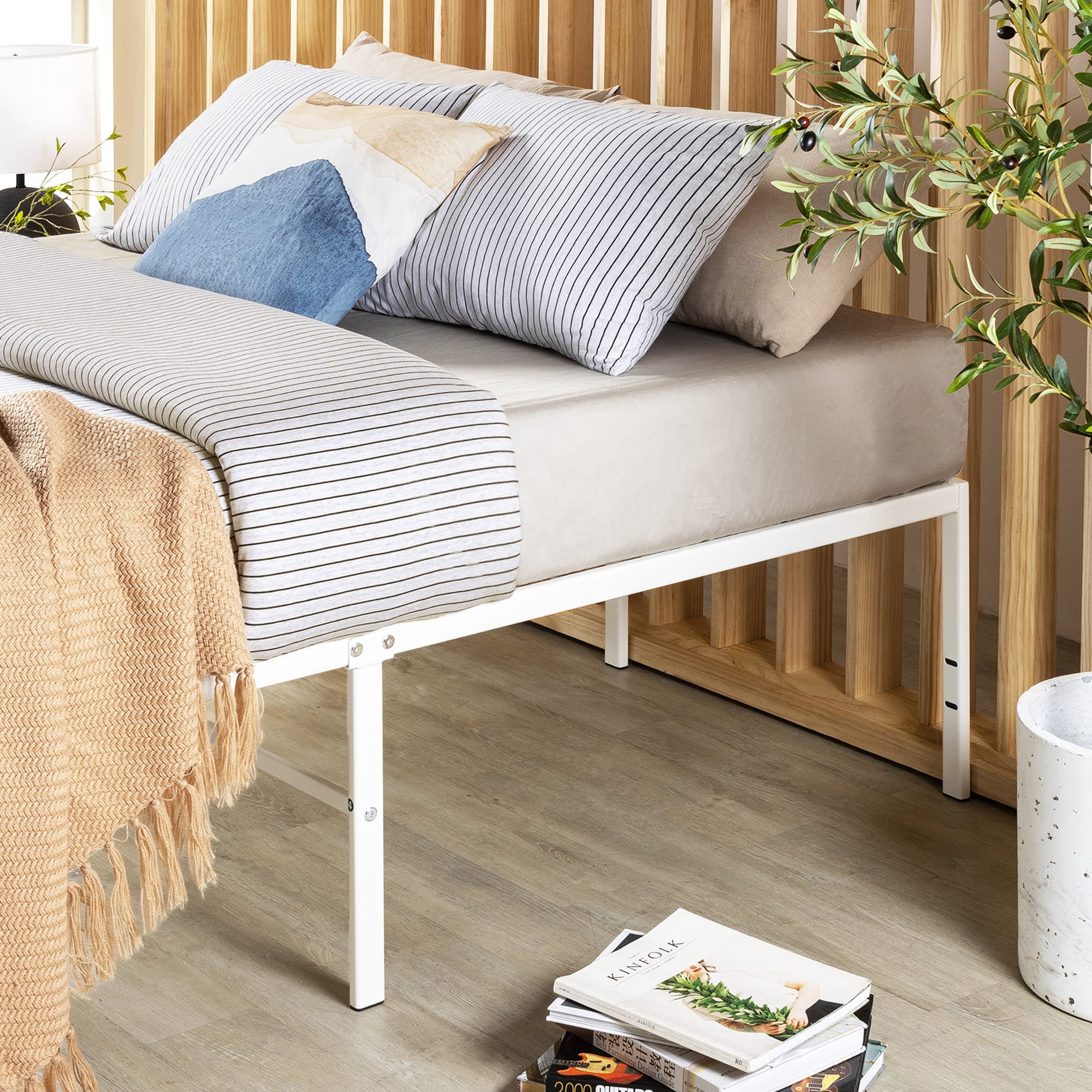 Mellow 18" Metal Platform Bed Frame with Heavy Duty Steel Slats, White, King