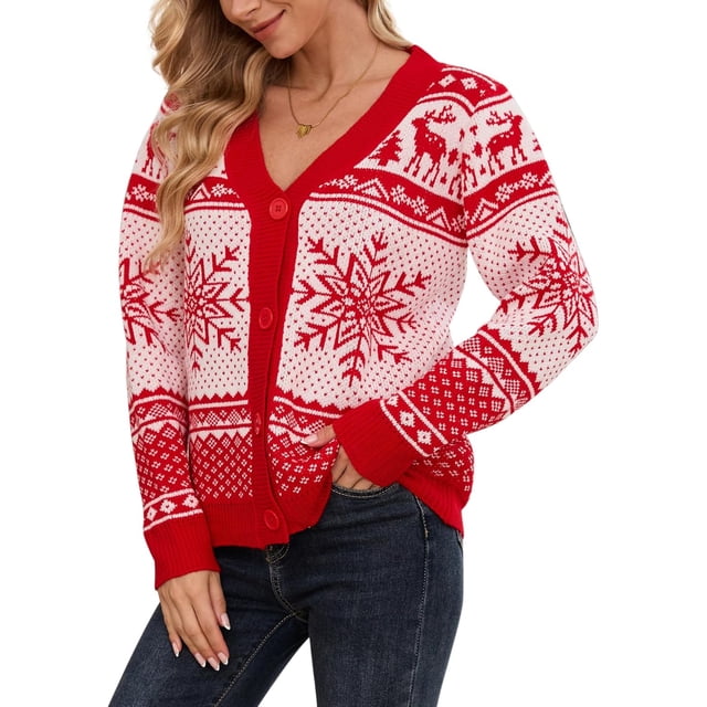 VENTELAN Classic Cardigan Ugly Christmas Sweaters for Women V Neck Button Down Sweater with Fun Patterns and Animals,S-2XL