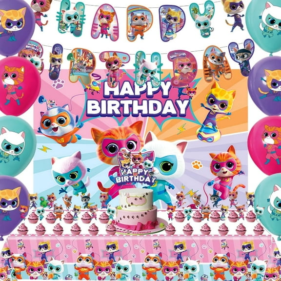 32pcs cartoon animation birthday party supplies,Super Kitties Cartoon themed party favors including banners, balloons, cake decorations, backdrops and tablecloths, suitable for many occasions