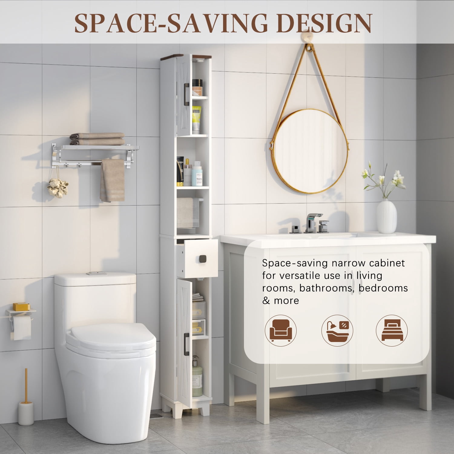 Erinnyees Narrow Bathroom Storage Cabinet, Skinny Freestanding Floor Cabinet, with Adjustable Shelves & Towel Bar, for Small Space, Living Room, Laundry Room, White