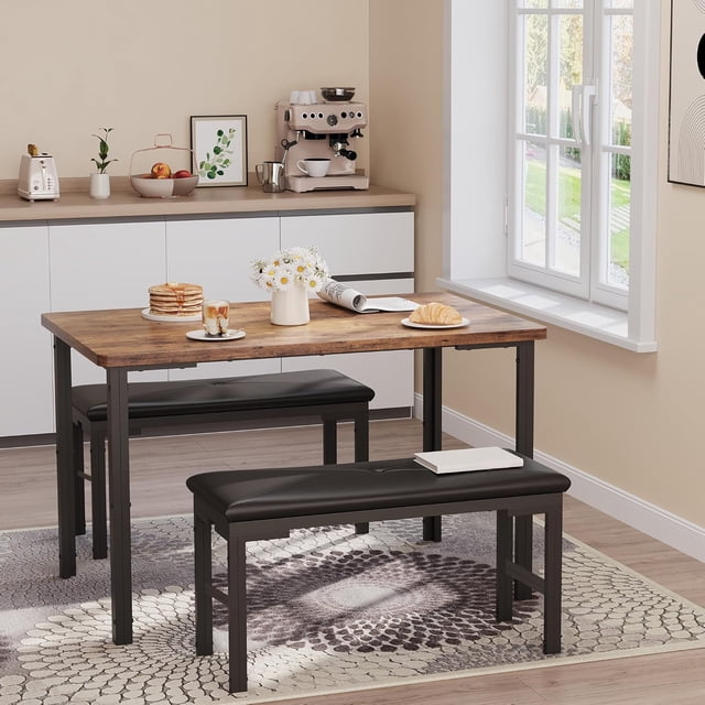 3-Piece Dining Table Set, Rectangular Kitchen Dinette Set with 2 Upholstered Benches, MDF & Metal Frame, Space-Saving Furniture for Dining Room, Breakfast Nook and Apartment, Retro