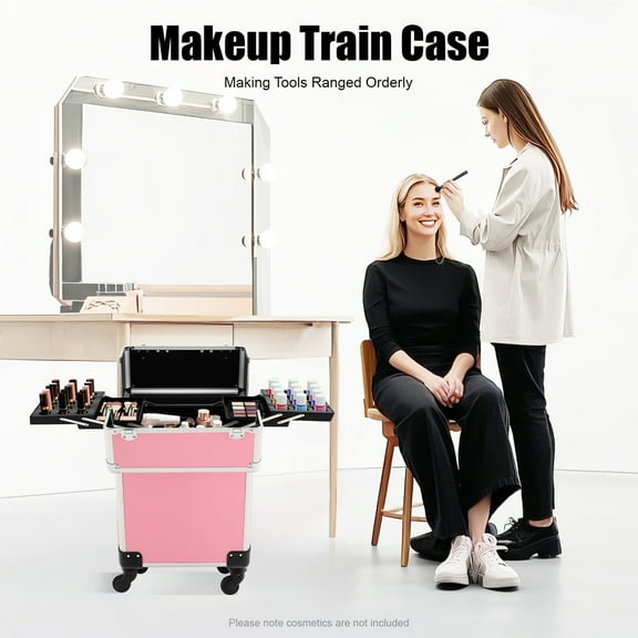Pink Rolling Train Case Aluminum Trolley Professional Cosmetic Organizer Box  Portable Tool Storage