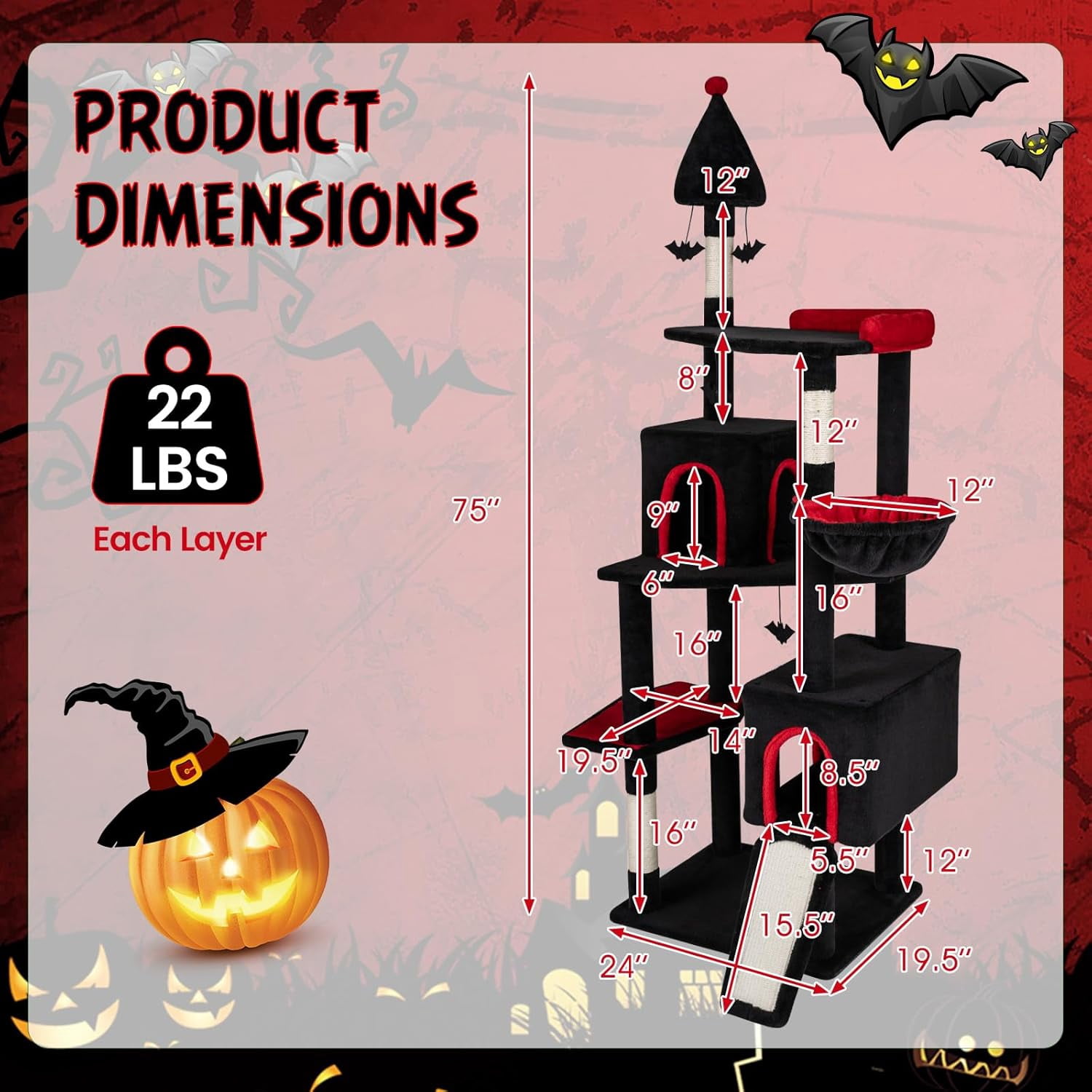 YounGG Gothic Cat Tree, 75" Tall Halloween Cat Tower with Sisal Scratching Posts & Ramp, 2 Condos, Top Perch, Bat Hanging Toys, Basket, Heavy Duty Black Goth Cat Tree for Indoor Large Cats 20+ LBS