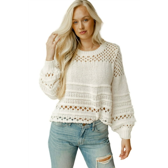 Women's Elegant White Solid Color Pointelle Knit Puff Sleeve Sweater - [ZhiHiMeRi] | (US 4-6)S,White