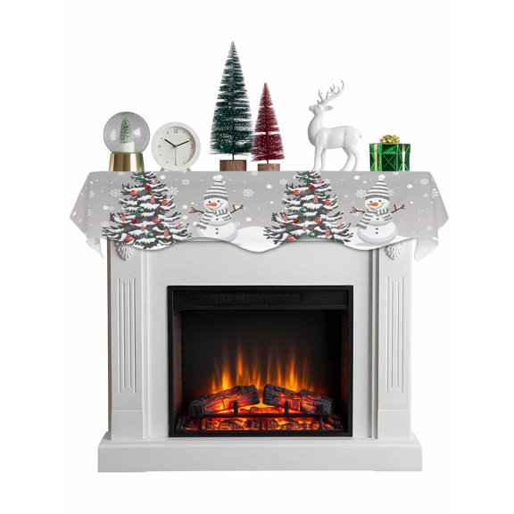 Grey Christmas Mantel Scarf Fireplace Decorations for Living Room, Snowman Pine Tree Xmas Ball Snowflakes Fireplace Mantel Scarf Cover Runner for Halloween/Thanksgiving/Christmas Decor 60"x17"