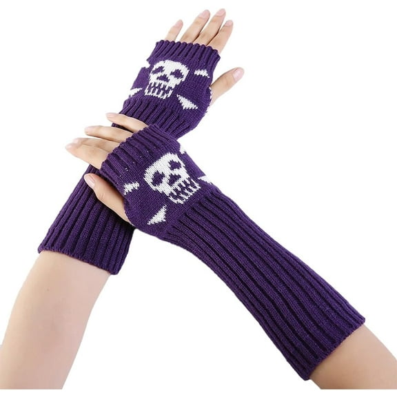 2 Pairs Arm Warmers Goth Fingerless Gloves Winter Purple Gothic Print Soft Hand Wrist Warmer Thumb Hole Knit Gloves Mittens for Women Unisex Typing Driving Supplies Purple