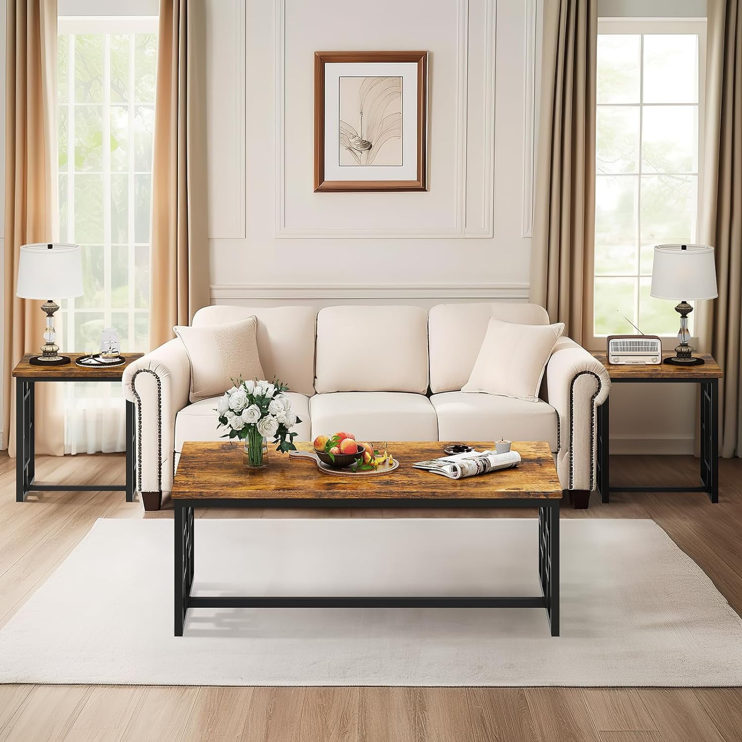 Recaceik Square Hollow 3 Piece Living Room Wooden Coffee Table Set, Two End Slides Rustic Brown