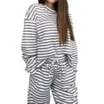 thumbnail image 2 of Women'S Striped 2 Piece Lounge Set Casual Long Sleeve T-Shirt Drawstring Wide Leg Pants Matching Outfits Set Gray L, 2 of 8