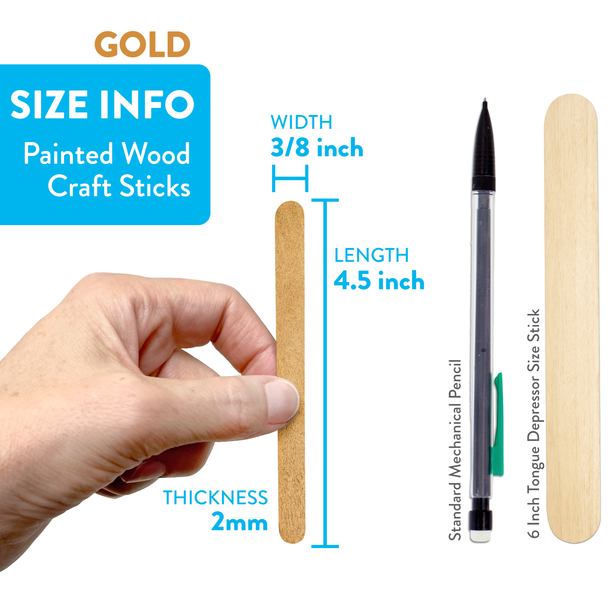 CraftySticks- 1000 Pack 4.5 Inch Gold Metallic Painted Popsicle Sticks, Wood Craft Sticks for Crafts, Learning and STEM Basics
