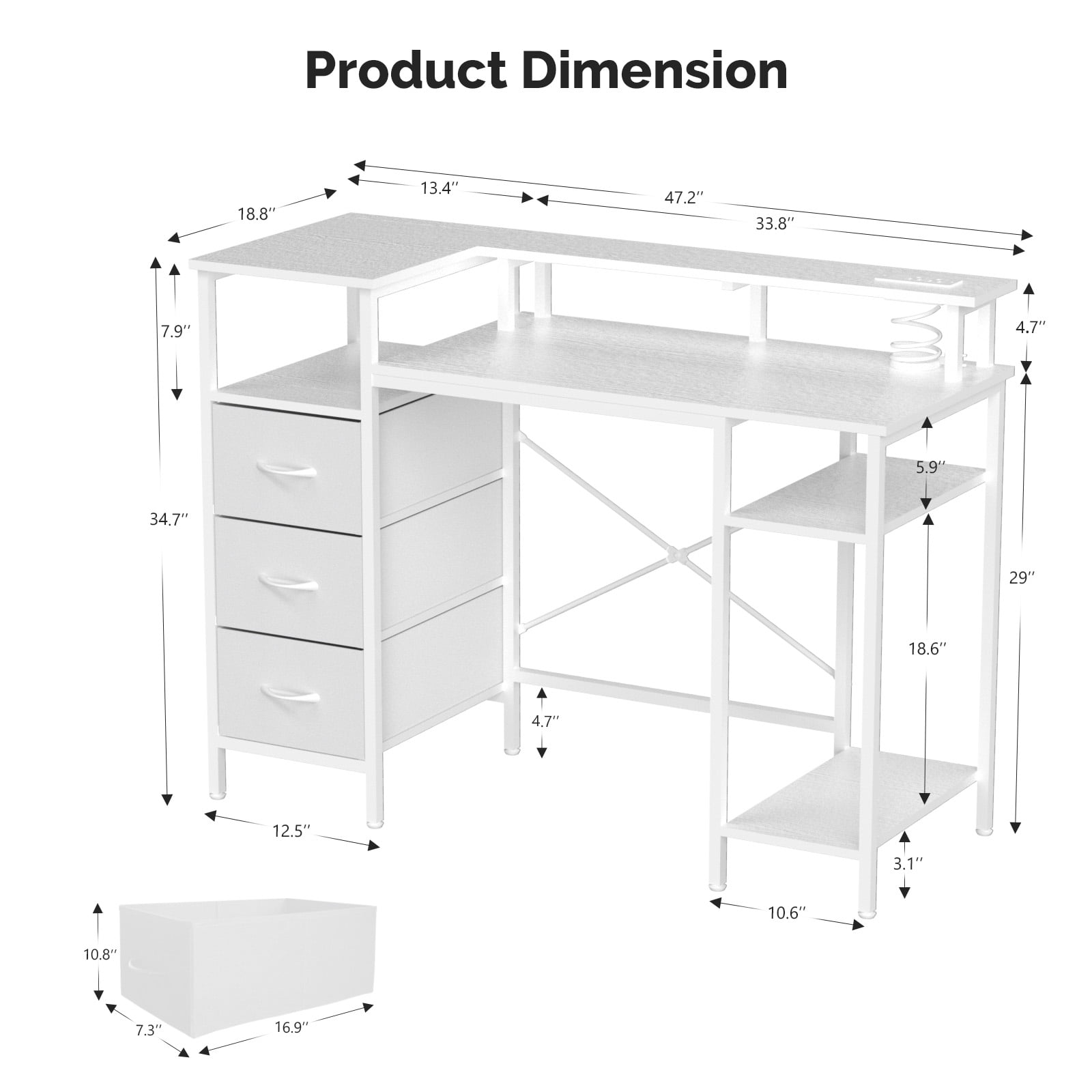 Ktaxon L-Shape Computer Desk with Charging Station 47 Inch Gaming Desk Concer PC Laptop Table with Drawers & Storage Shelves Workstation, White