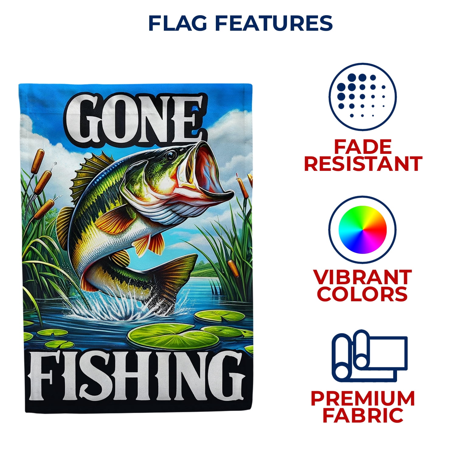America Forever Gone Fishing Bass House Flag, 28 x 40 inch Double Sided, Lake Adventure Banner, Outdoor Fishing Decor, Angler Yard Flag