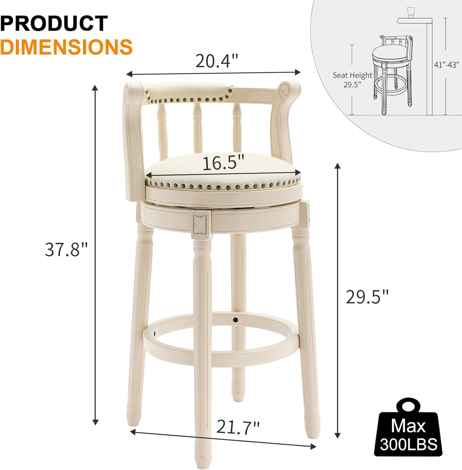 Aulife Bar Stools Genuine Leather Counter Height barstool Wooden Swivel kitchen Stool with Footrest for Kitchen Dining Room(ivory frame-Navy seat, Counter-29.5" seat height)
