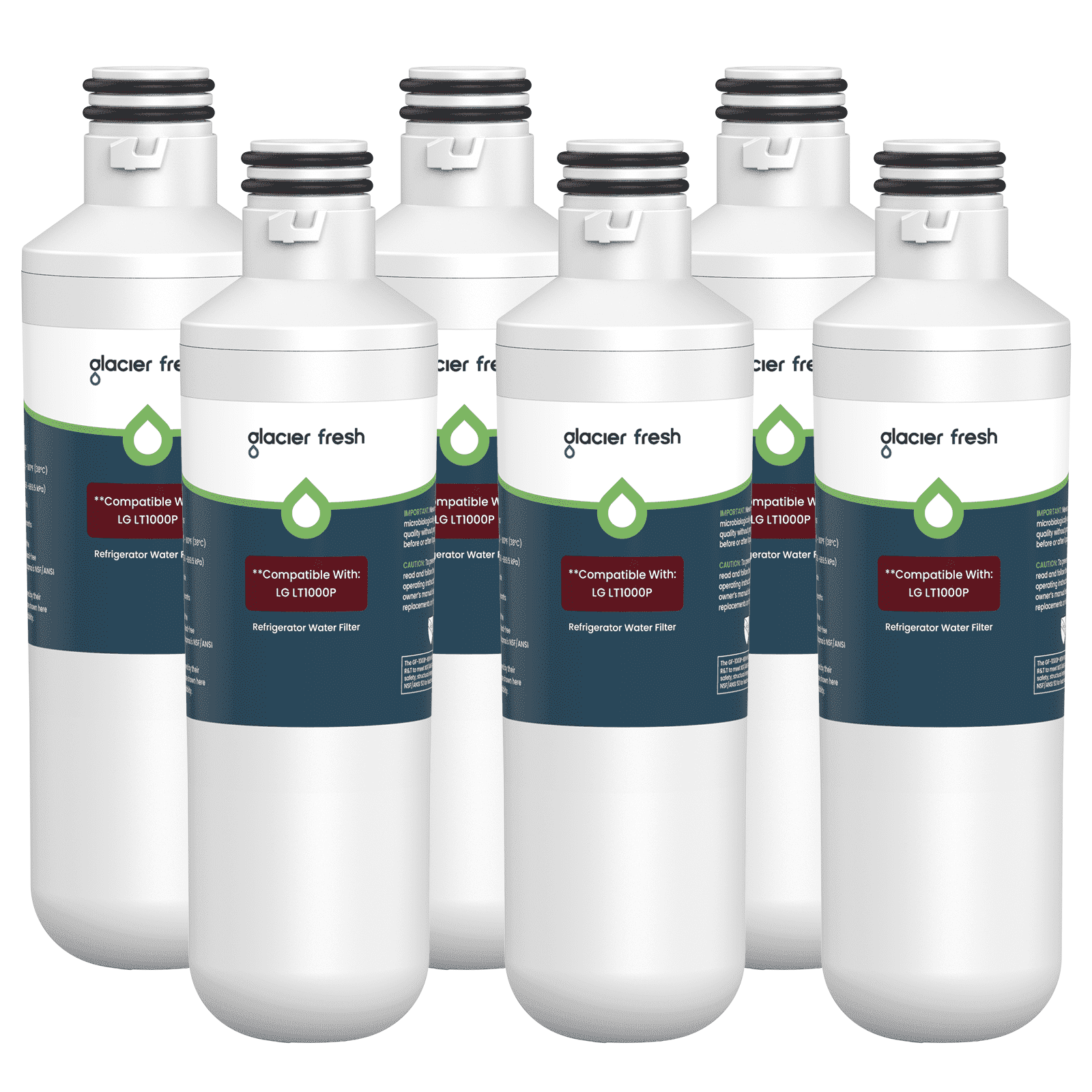 GLACIER FRESH LT1000PC Refrigerator Water Filter, NSF/ANSI 53 & 372 Certified, Compatible with MDJ64844601, ADQ747935, ADQ74793504, LG LT1000P, 6 Pack