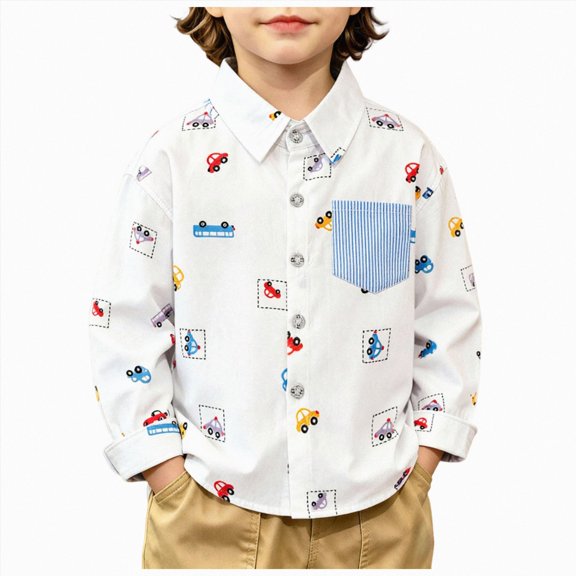 felwors Toddlers Baby Boys Lapel Long Sleeves Cotton Button Down Lapel Shirts Girls T-Shirts Kids Tops Graphic Car Print Tee (White,5-6 Years)