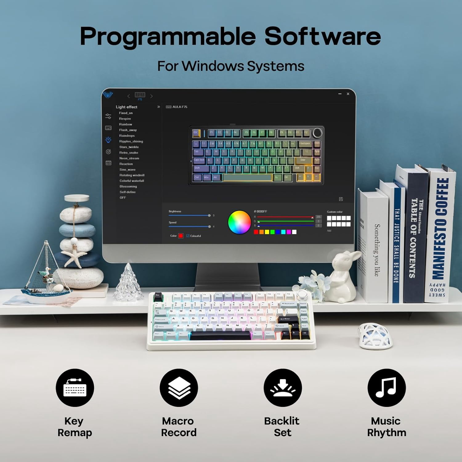 AULA F75 81-Key Wireless Mechanical Gaming Keyboard, RGB Illuminated, Tri-Mode, Hot-Swappable, Knob, Compact 75%, Anti-Ghosting, USB-A, Light Blue