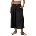 thumbnail image 3 of Women's Summer Solid Color High Waist Wide Leg Cropped Linen Pants, Casual Beach Trousers with Pockets, Relaxed Fit for Daily Wear Black S, 3 of 10