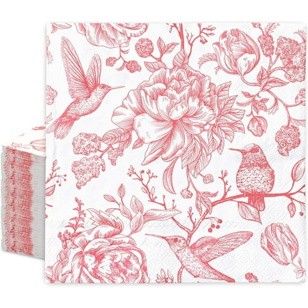 80Pcs Pink Floral Paper Napkin Vintage Flower Bird Luncheon Napkin Disposable Dinner Napkin for Home Kitchen Tea Party Supplies