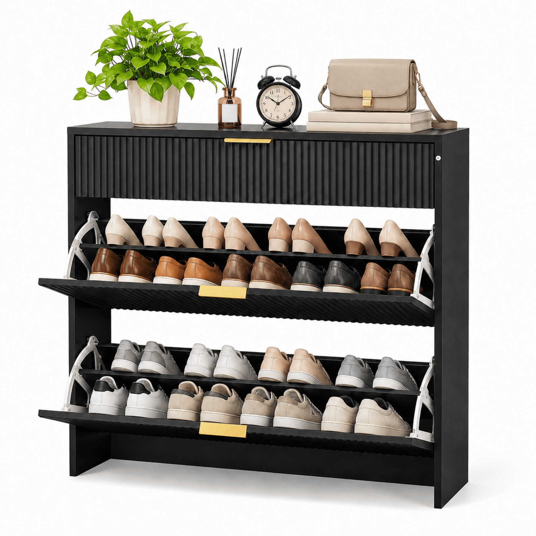 Leumius Shoe Cabinet with 2 Flip Drawers and 1 Drop-Down Drawers,Hidden Wood Shoe Cabinet,Freestanding Shoe Storage Cabinet for Entryway Hallway,Black