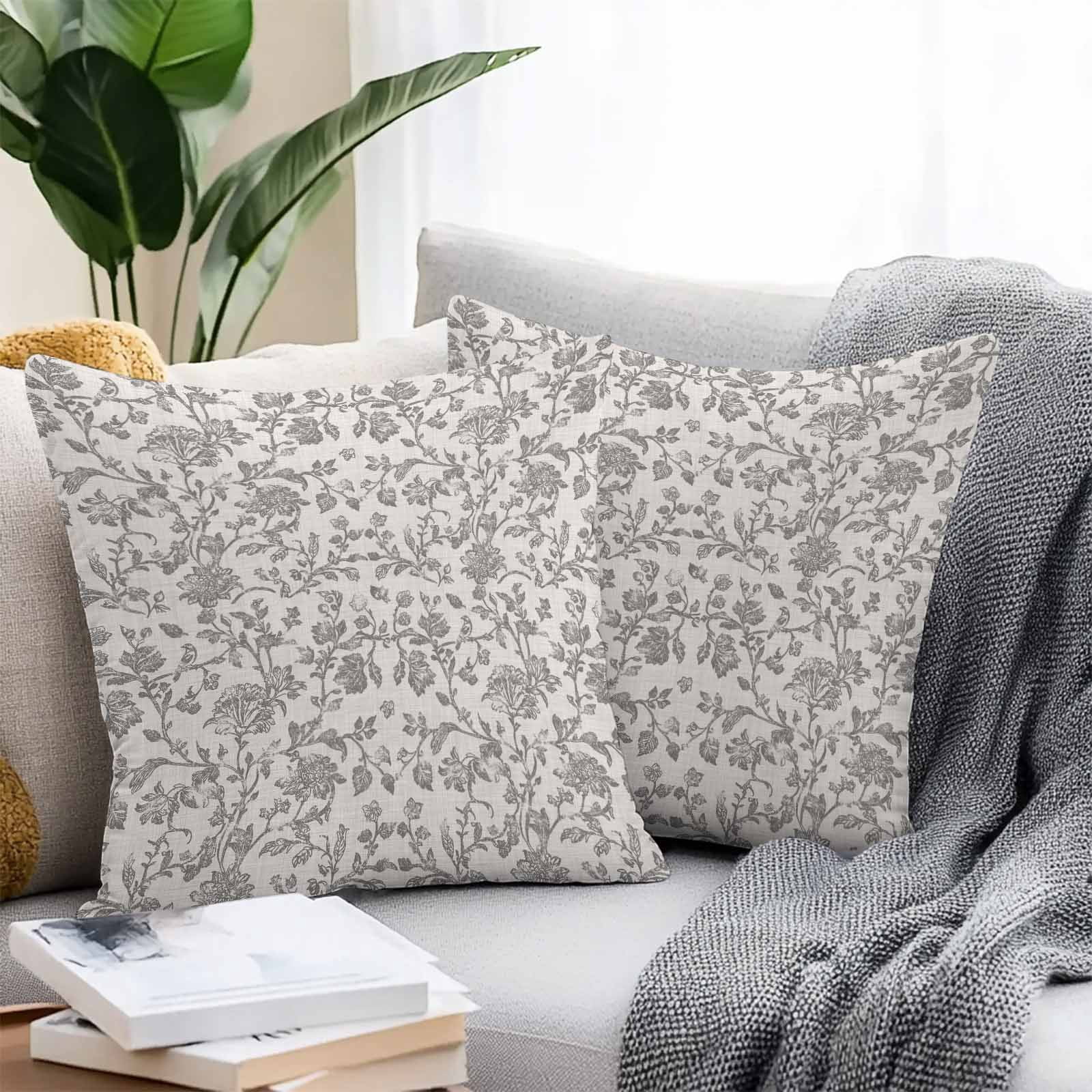 Farmhouse Grey Waterproof Outdoor Throw Pillow Covers 18''x18'' Pack 2, Pillow Cases Throw Cushion Cover with Zipper, Vintage Flower Leaf Botanical Plant Washable Pillowcase for Poolside Sofa