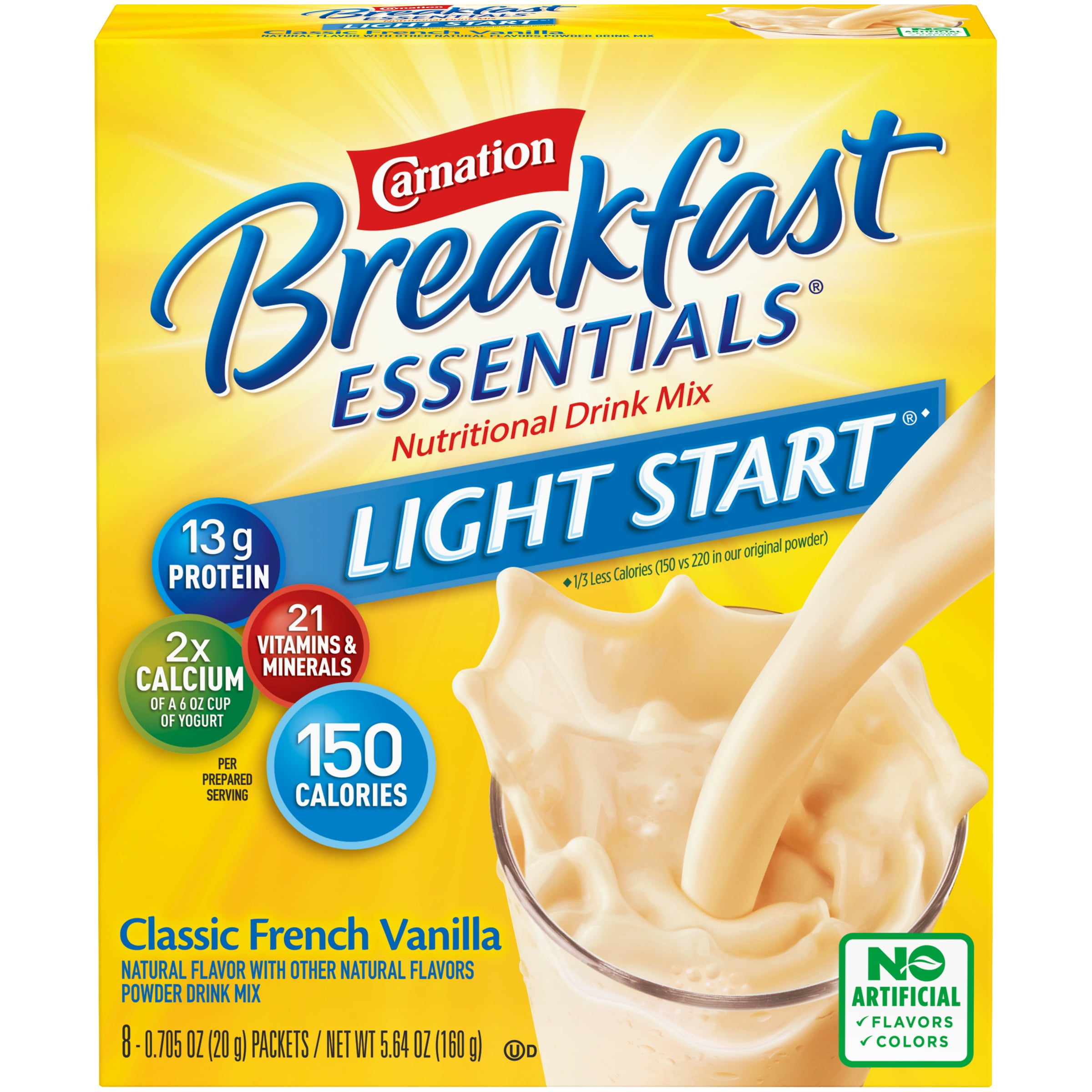 Carnation Breakfast Essentials Light Start Powder Nutritional Breakfast Drink Mix, Classic French Vanilla, 8 - 0.705 OZ Packets