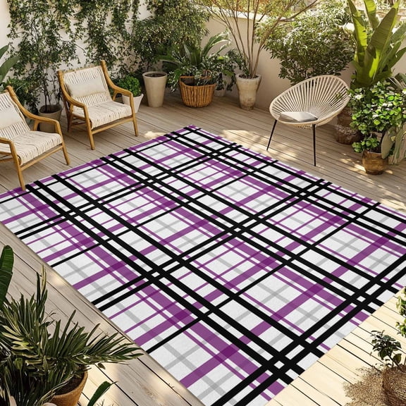 Fsddascl Purple Black Plaid Outdoor Rug for Patio/Deck/Porch, Non-Slip Large Area Rug 5 x 8 Ft, Farmhouse Purple Black Checkered Indoor Outdoor Rugs Washable Area Rugs, Reversible Camping Rug Carpet